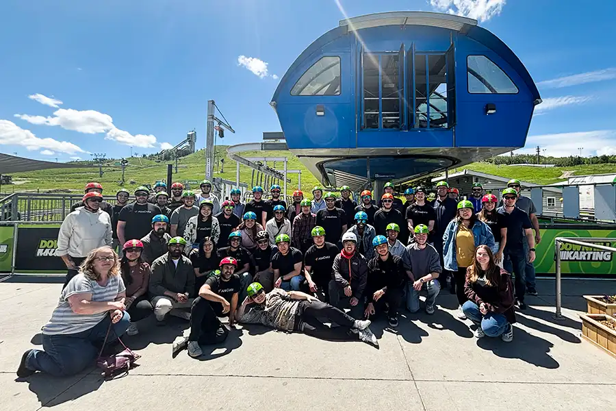 AbaData Staff Karting Photo 2026 showing all employees together smiling at a downhill karting hill